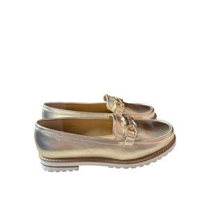 Talbots Laura Link Gold Metallic Leather Chain Lug Sole Loafers Womens 6.5 New